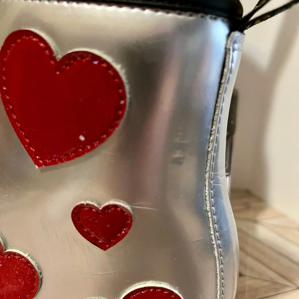 Dr Martens 1460 J Glitter Star Patent Lace Up Zip Boots Kids 3 Silver Red Hearts